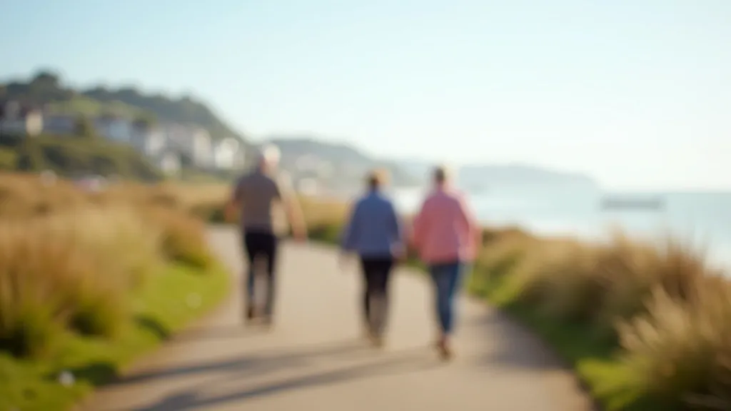 Comfortable walking shoes and a small backpack on a wooden bench overlooking the sea