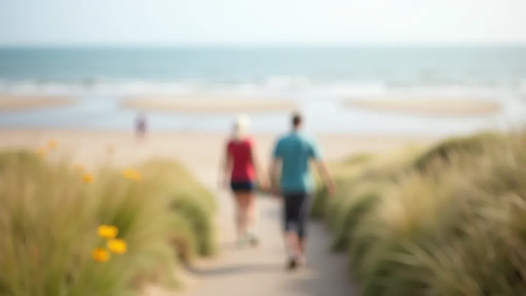 Senior couple walking along a sandy beach with coastal cliffs in the background