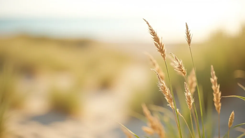 Close-up of dune vegetation including marram grass and coastal wildflowers growing in sand