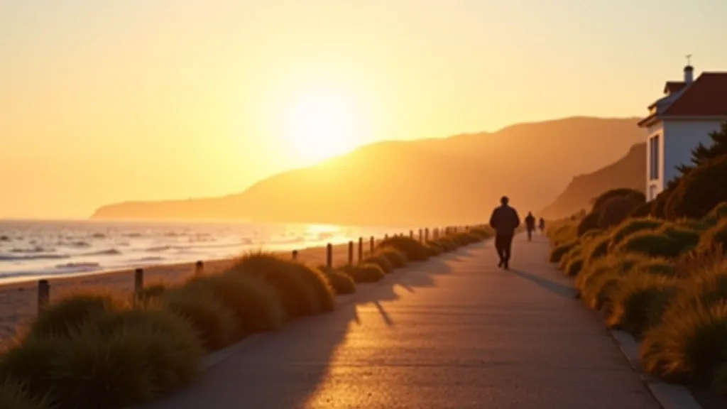 Coastal path during golden hour sunset with warm orange light, peaceful evening atmosphere, clear skies