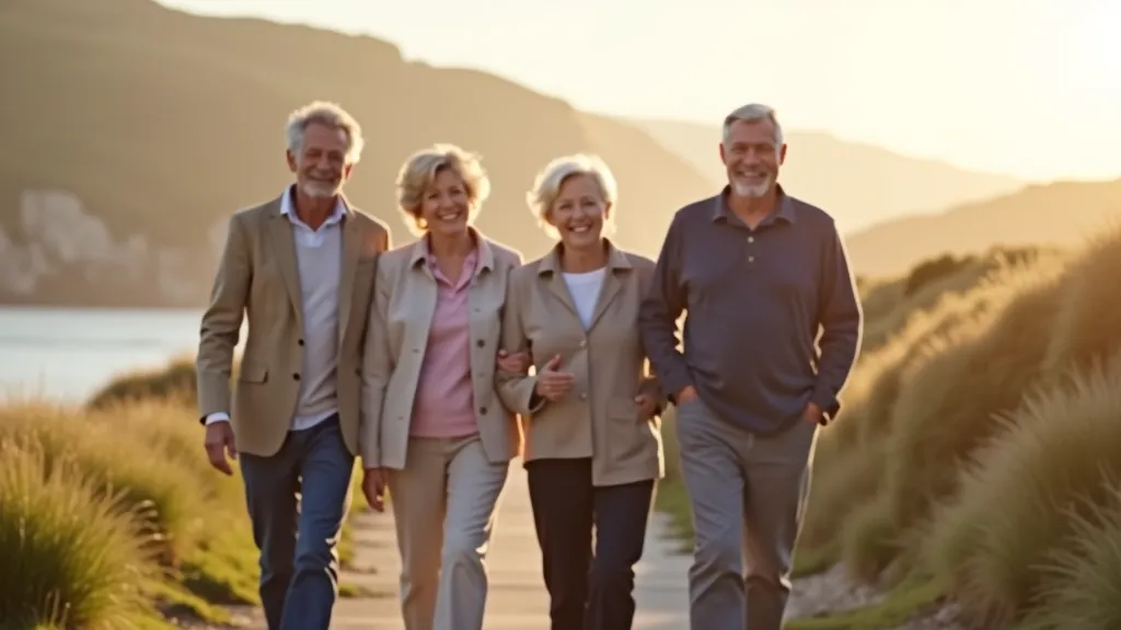 Group of seniors walking together along Tramore seafront promenade, smiling and enjoying the coastal scenery