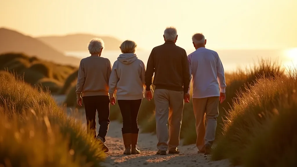 Group of four seniors walking along a scenic dune path with natural beach vegetation and calm ocean horizon visible