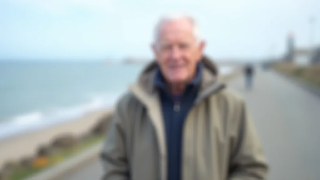 Senior man wearing layered coastal walking outfit including base layer, fleece, and windproof jacket