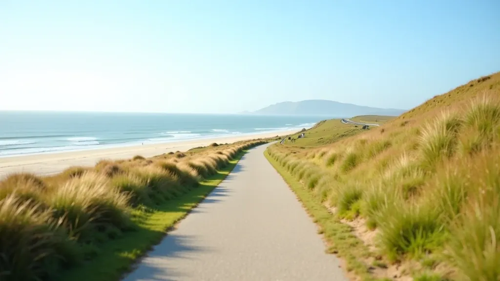 Aerial view of Tramore promenade curving along sandy beach with grassy verges, bright daylight, crisp detail