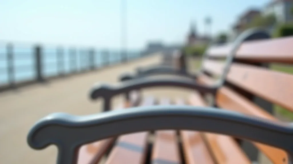 Wooden seaside bench with armrests positioned along a paved promenade path, coastal scenery in background