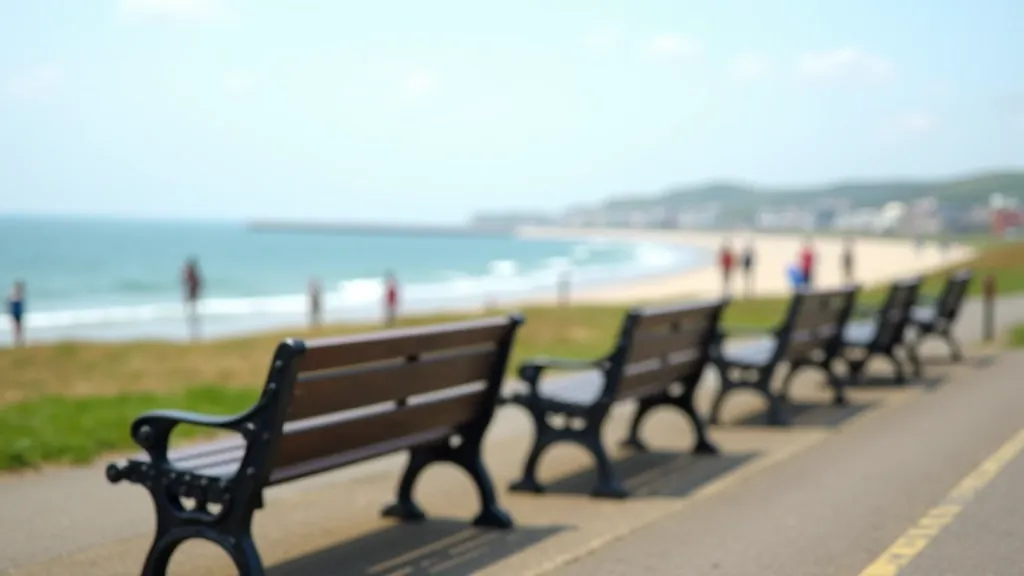 Multiple benches overlooking the Tramore seafront with coastal views and blue water visible in background