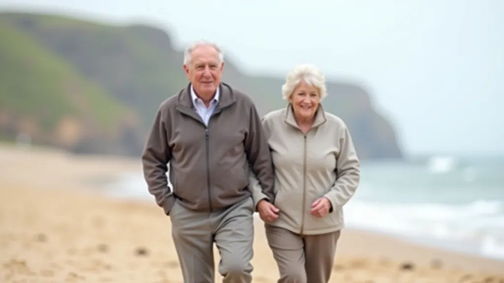 Senior couple walking along a sandy beach with coastal cliffs in the background
