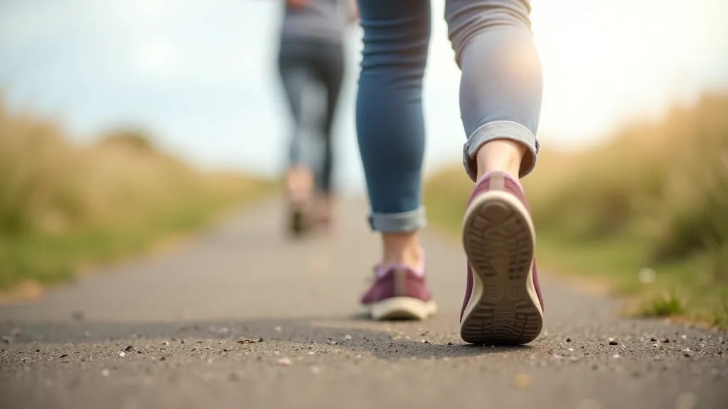 Close-up of walking shoes on coastal promenade path with ocean view, natural daylight, sharp focus