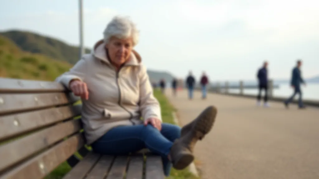 Senior woman adjusting her comfortable walking boots while sitting on a coastal bench