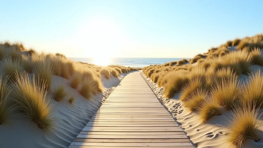 Winding dune path with wooden boardwalk through coastal grass and sand dunes