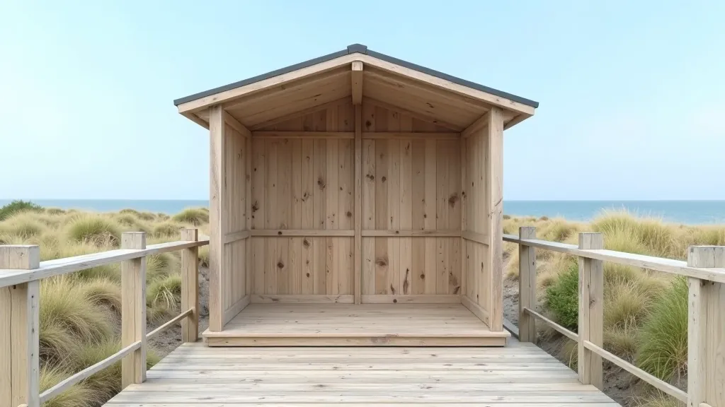 Wooden shelter structure with open sides providing weather protection for walkers on a coastal path